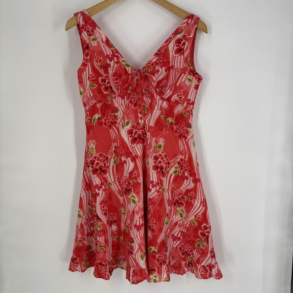 Raviya Dress Womens Medium Red Floral V Neck Sleeveless Ruffle Hem Sundress